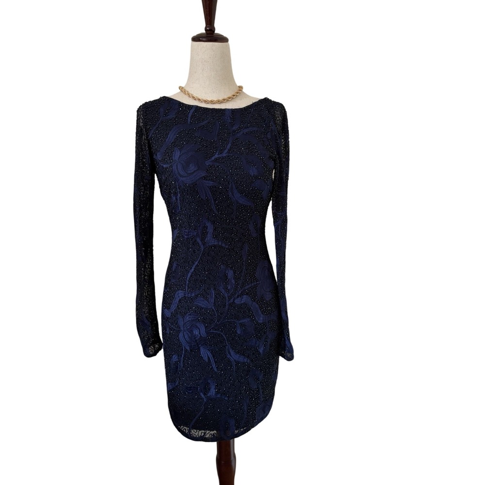 Aidan Mattox Blue Black Floral Beaded Bodycon Cocktail Dress Low Back Size 0
